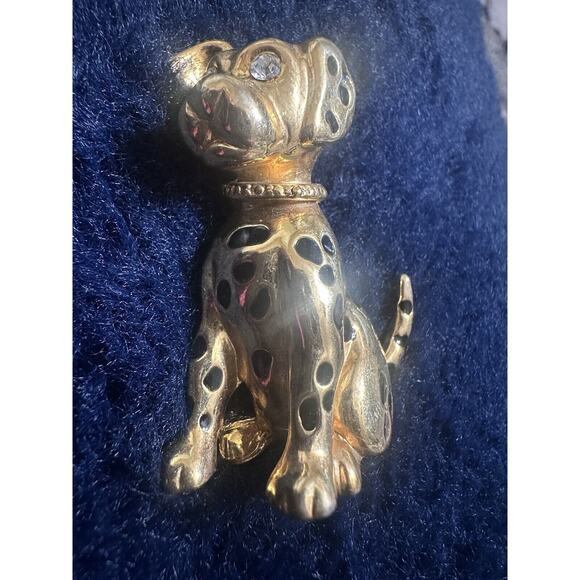 Dalmation Brooch Pin Black Enamel Spots Gold Plated & Silver Collar Crystal Eyes - Picture 1 of 4